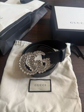 Gucci Black Leather Belt with Crystal GG Buckle